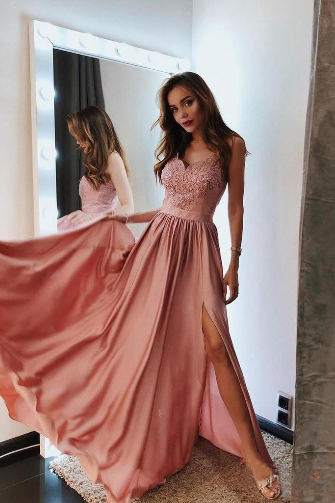 Pink V Neck Long Prom Dresses Lace ...